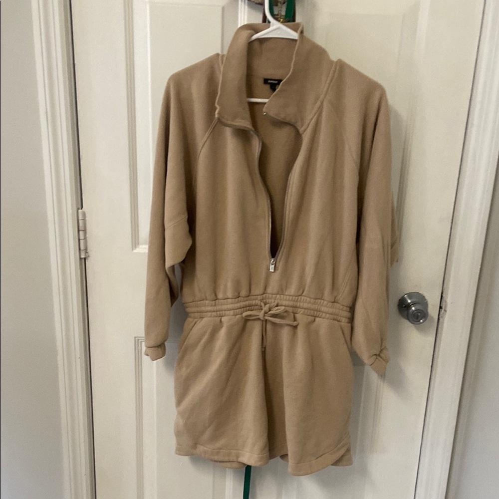 Express Beige Drawstring Fleece Jacket Romper